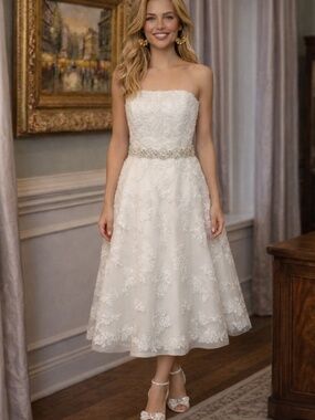 NWT Galina Beaded Strapless Tea Length Wedding Bridal Gown Dress in Ivory Size 6